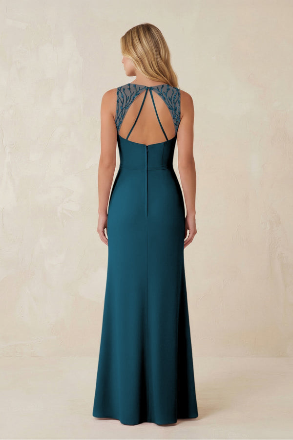 Round Neck Sheath Chiffon Appliqued Bridesmaid Dress in Dark Teal - KissProm Bridesmaid Dresses