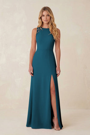 Round Neck Sheath Chiffon Appliqued Bridesmaid Dress in Dark Teal - KissProm Bridesmaid Dresses