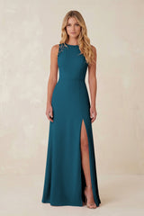 Round Neck Sheath Chiffon Appliqued Bridesmaid Dress in Dark Teal - KissProm Bridesmaid Dresses