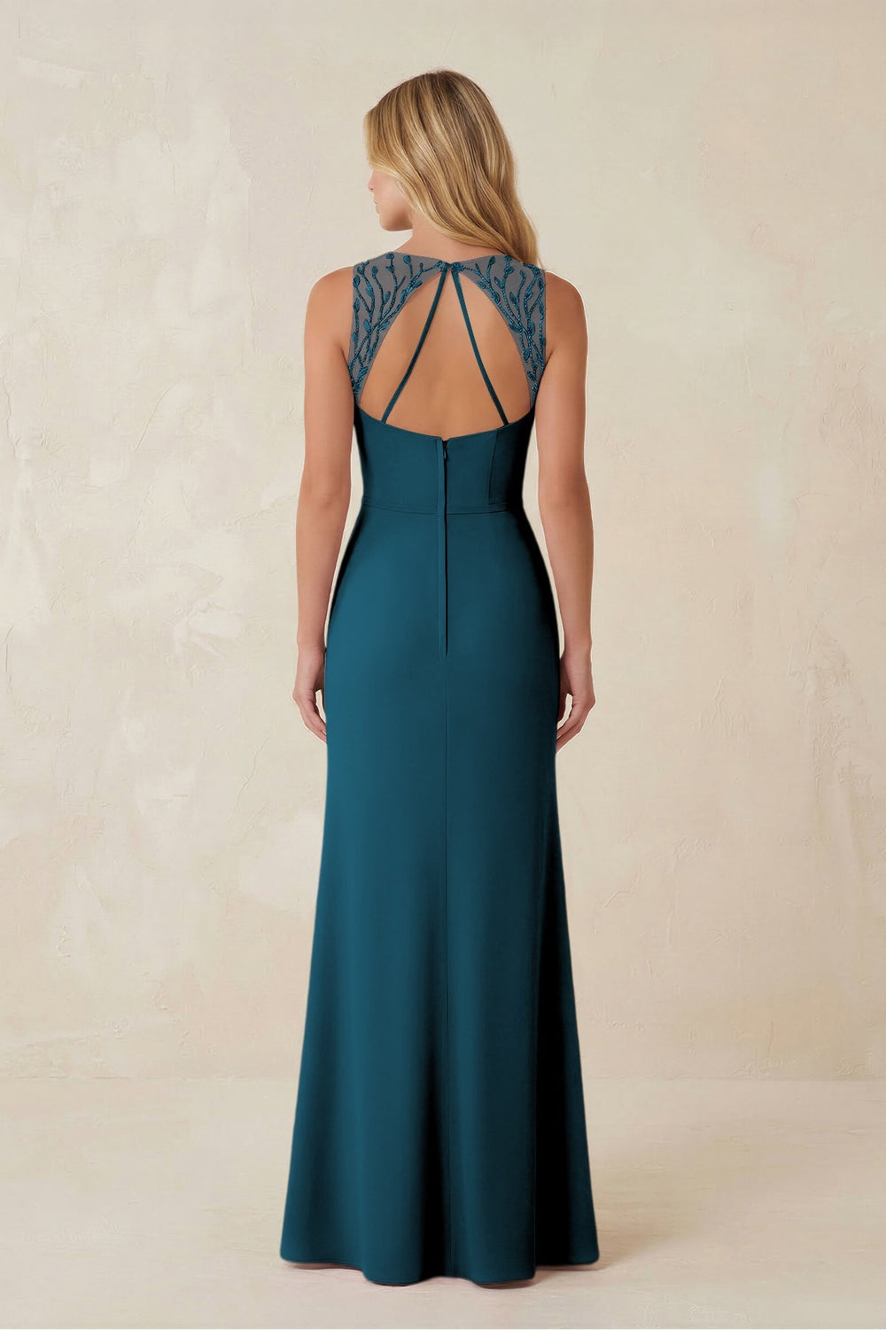 Round Neck Sheath Chiffon Appliqued Bridesmaid Dress in Dark Teal - KissProm Bridesmaid Dresses