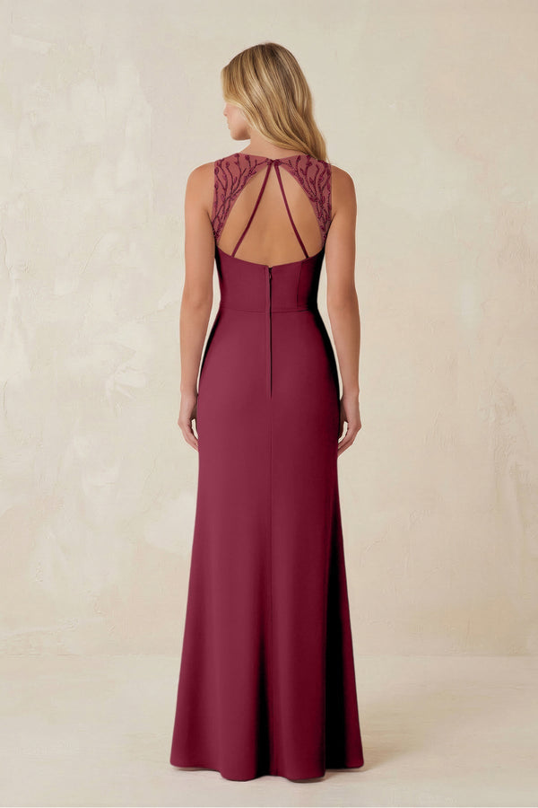 Round Neck Sheath Chiffon Appliqued Bridesmaid Dress in Desert Rose - KissProm Bridesmaid Dresses
