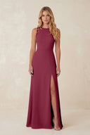 Round Neck Sheath Chiffon Appliqued Bridesmaid Dress in Desert Rose - KissProm Bridesmaid Dresses