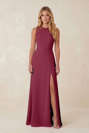 Round Neck Sheath Chiffon Appliqued Bridesmaid Dress in Desert Rose - KissProm Bridesmaid Dresses
