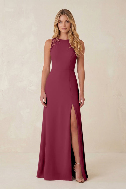 Round Neck Sheath Chiffon Appliqued Bridesmaid Dress in Desert Rose - KissProm Bridesmaid Dresses