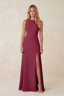 Round Neck Sheath Chiffon Appliqued Bridesmaid Dress in Desert Rose - KissProm Bridesmaid Dresses
