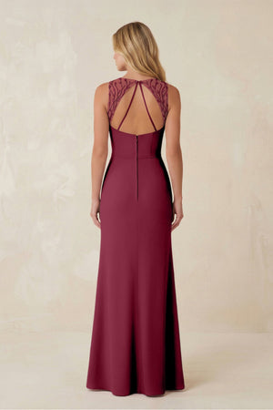 Round Neck Sheath Chiffon Appliqued Bridesmaid Dress in Desert Rose - KissProm Bridesmaid Dresses
