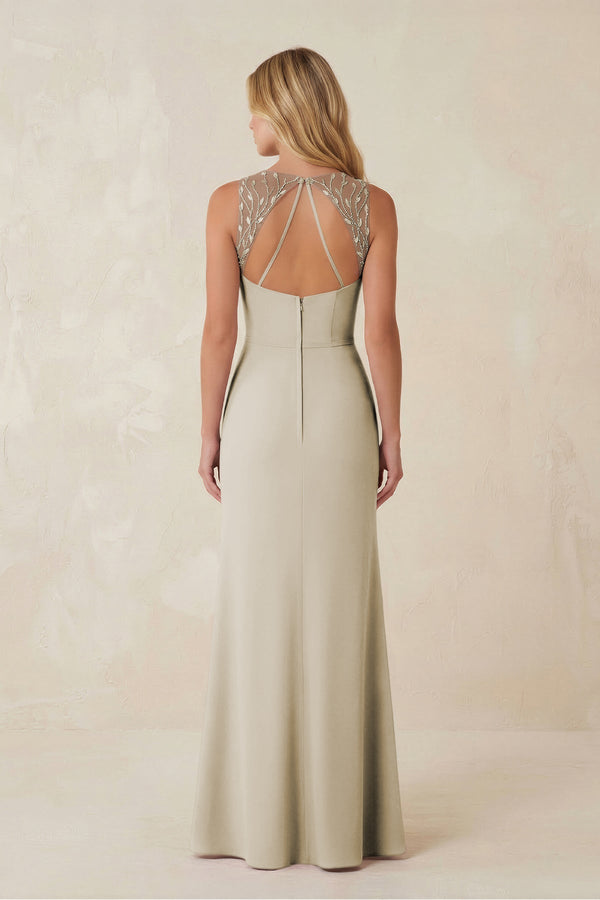 Round Neck Sheath Chiffon Appliqued Bridesmaid Dress in Dove Gray - KissProm Bridesmaid Dresses