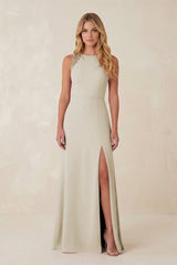 Round Neck Sheath Chiffon Appliqued Bridesmaid Dress in Dove Gray - KissProm Bridesmaid Dresses