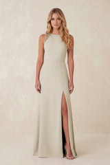 Round Neck Sheath Chiffon Appliqued Bridesmaid Dress in Dove Gray - KissProm Bridesmaid Dresses