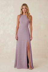Round Neck Sheath Chiffon Appliqued Bridesmaid Dress in Dusk - KissProm Bridesmaid Dresses