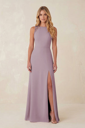 Round Neck Sheath Chiffon Appliqued Bridesmaid Dress in Dusk - KissProm Bridesmaid Dresses