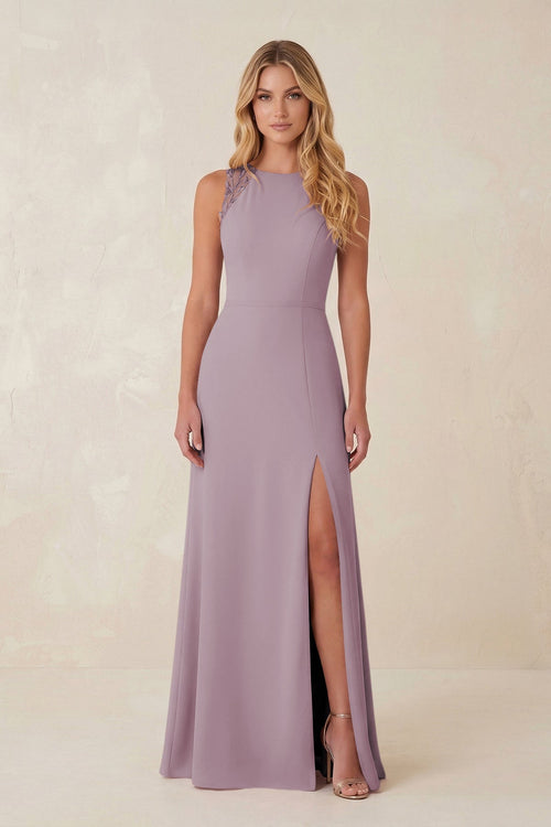 Round Neck Sheath Chiffon Appliqued Bridesmaid Dress in Dusk - KissProm Bridesmaid Dresses