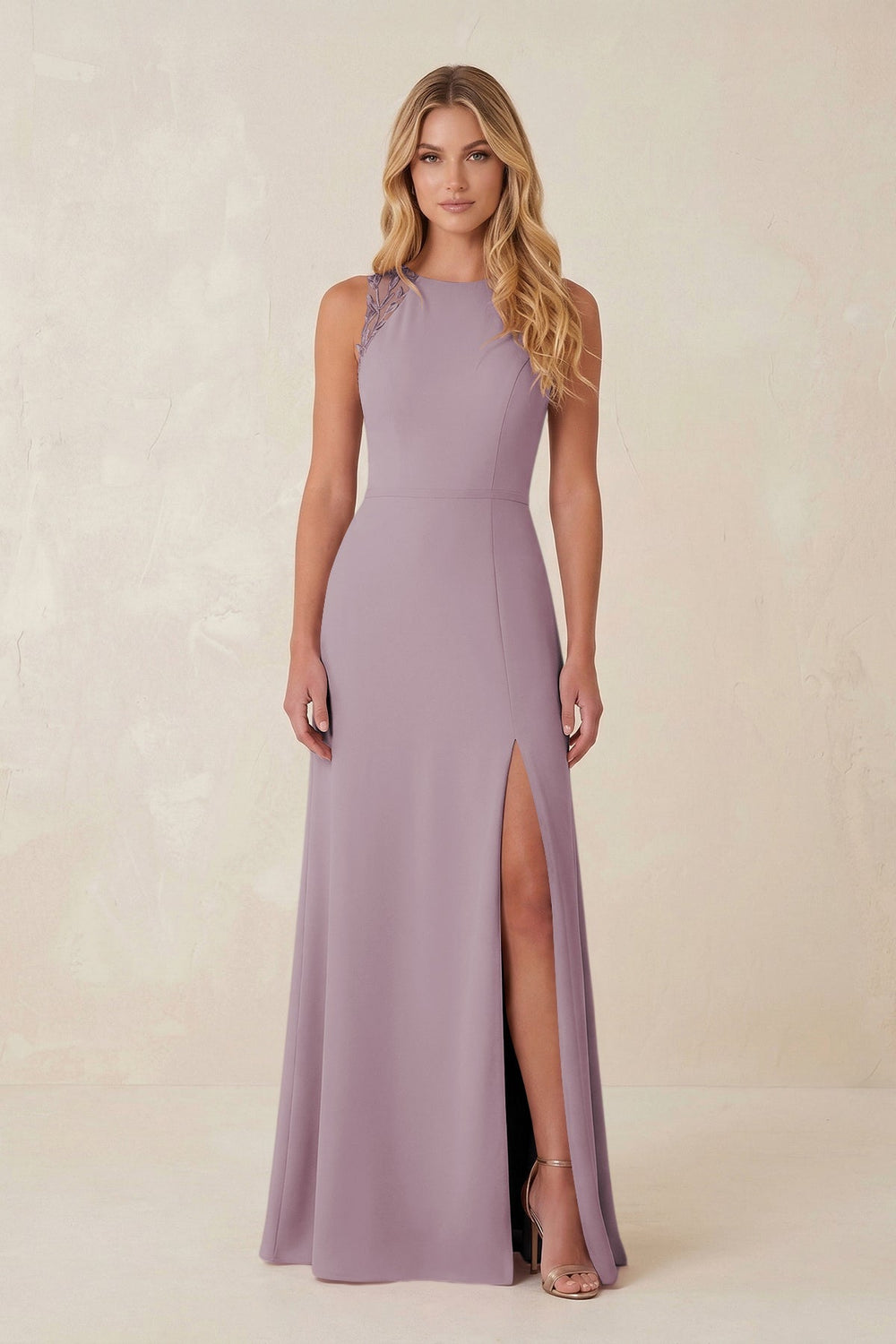 Round Neck Sheath Chiffon Appliqued Bridesmaid Dress in Dusk - KissProm Bridesmaid Dresses