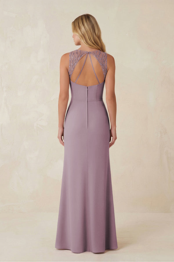Round Neck Sheath Chiffon Appliqued Bridesmaid Dress in Dusk - KissProm Bridesmaid Dresses