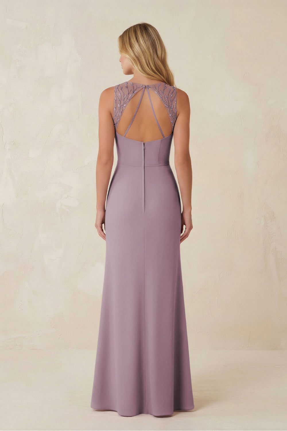 Round Neck Sheath Chiffon Appliqued Bridesmaid Dress in Dusk - KissProm Bridesmaid Dresses