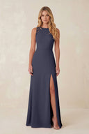 Round Neck Sheath Chiffon Appliqued Bridesmaid Dress in Dusk Blue - KissProm Bridesmaid Dresses