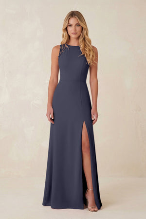 Round Neck Sheath Chiffon Appliqued Bridesmaid Dress in Dusk Blue - KissProm Bridesmaid Dresses
