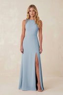 Round Neck Sheath Chiffon Appliqued Bridesmaid Dress in Dusty Blue - KissProm Bridesmaid Dresses