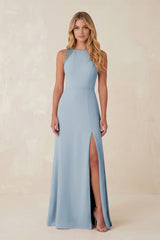 Round Neck Sheath Chiffon Appliqued Bridesmaid Dress in Dusty Blue - KissProm Bridesmaid Dresses