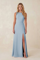 Round Neck Sheath Chiffon Appliqued Bridesmaid Dress in Dusty Blue - KissProm Bridesmaid Dresses