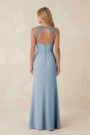 Round Neck Sheath Chiffon Appliqued Bridesmaid Dress in Dusty Blue - KissProm Bridesmaid Dresses