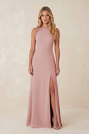 Round Neck Sheath Chiffon Appliqued Bridesmaid Dress in Dusty Rose - KissProm Bridesmaid Dresses