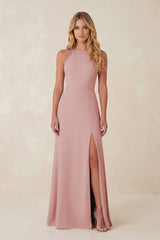 Round Neck Sheath Chiffon Appliqued Bridesmaid Dress in Dusty Rose - KissProm Bridesmaid Dresses