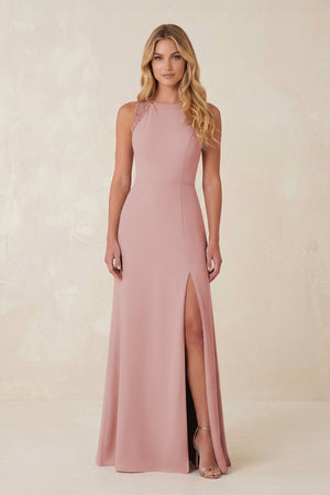 Round Neck Sheath Chiffon Appliqued Bridesmaid Dress in Dusty Rose - KissProm Bridesmaid Dresses