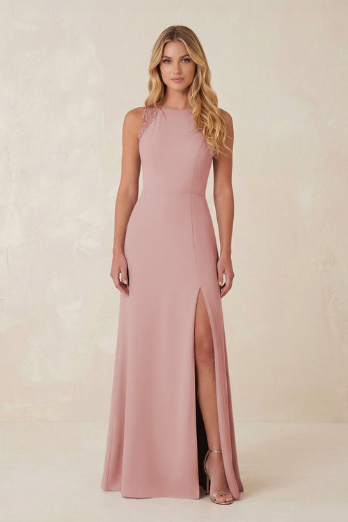Round Neck Sheath Chiffon Appliqued Bridesmaid Dress in Dusty Rose - KissProm Bridesmaid Dresses