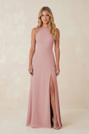 Round Neck Sheath Chiffon Appliqued Bridesmaid Dress in Dusty Rose - KissProm Bridesmaid Dresses