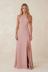 Round Neck Sheath Chiffon Appliqued Bridesmaid Dress in Dusty Rose - KissProm Bridesmaid Dresses