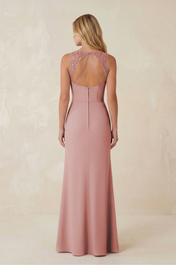 Round Neck Sheath Chiffon Appliqued Bridesmaid Dress in Dusty Rose - KissProm Bridesmaid Dresses