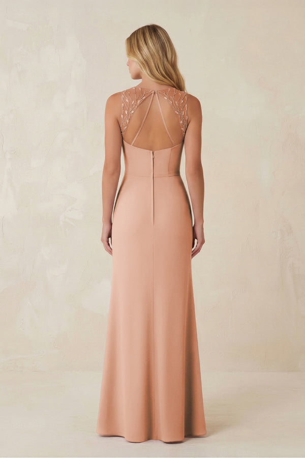 Round Neck Sheath Chiffon Appliqued Bridesmaid Dress in English Rose - KissProm Bridesmaid Dresses