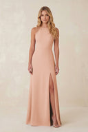 Round Neck Sheath Chiffon Appliqued Bridesmaid Dress in English Rose - KissProm Bridesmaid Dresses