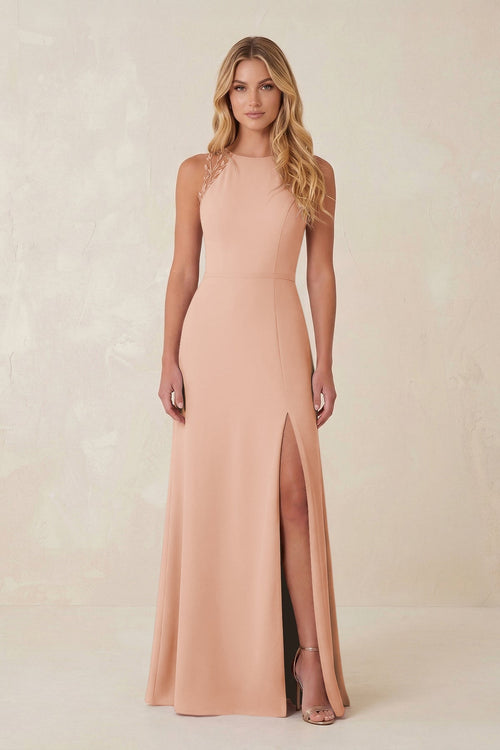 Round Neck Sheath Chiffon Appliqued Bridesmaid Dress in English Rose - KissProm Bridesmaid Dresses