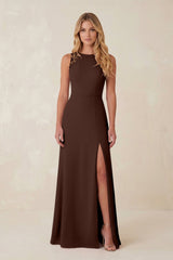 Round Neck Sheath Chiffon Appliqued Bridesmaid Dress in Espresso - KissProm Bridesmaid Dresses