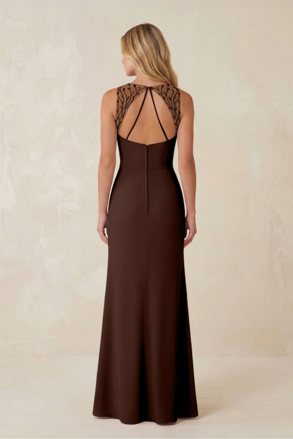 Round Neck Sheath Chiffon Appliqued Bridesmaid Dress in Espresso - KissProm Bridesmaid Dresses