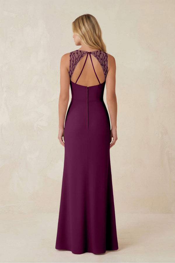 Round Neck Sheath Chiffon Appliqued Bridesmaid Dress in Fig - KissProm Bridesmaid Dresses