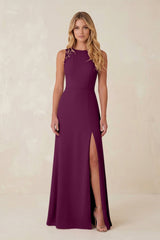 Round Neck Sheath Chiffon Appliqued Bridesmaid Dress in Fig - KissProm Bridesmaid Dresses