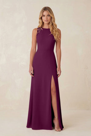 Round Neck Sheath Chiffon Appliqued Bridesmaid Dress in Fig - KissProm Bridesmaid Dresses