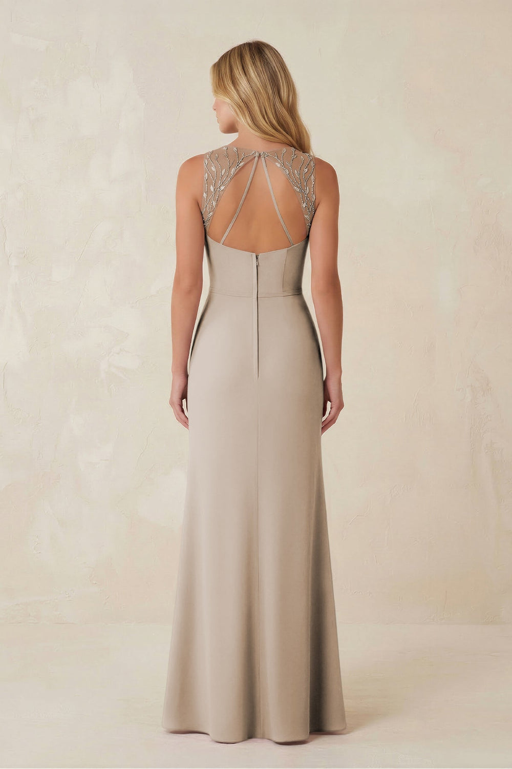 Round Neck Sheath Chiffon Appliqued Bridesmaid Dress in Frost - KissProm Bridesmaid Dresses