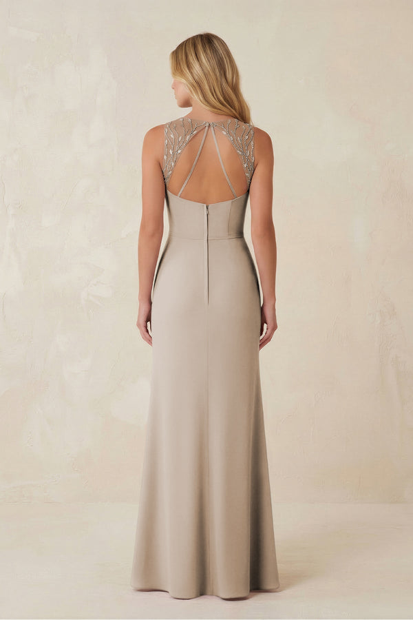 Round Neck Sheath Chiffon Appliqued Bridesmaid Dress in Frost - KissProm Bridesmaid Dresses