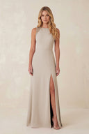 Round Neck Sheath Chiffon Appliqued Bridesmaid Dress in Frost - KissProm Bridesmaid Dresses