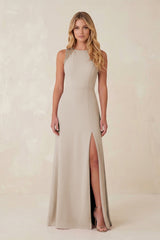 Round Neck Sheath Chiffon Appliqued Bridesmaid Dress in Frost - KissProm Bridesmaid Dresses