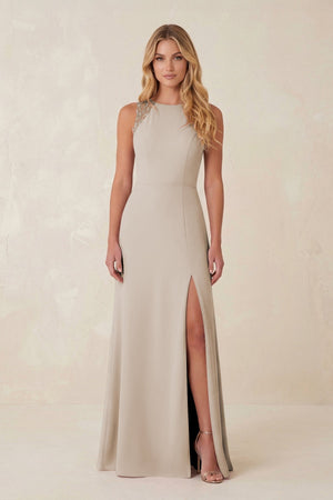 Round Neck Sheath Chiffon Appliqued Bridesmaid Dress in Frost - KissProm Bridesmaid Dresses
