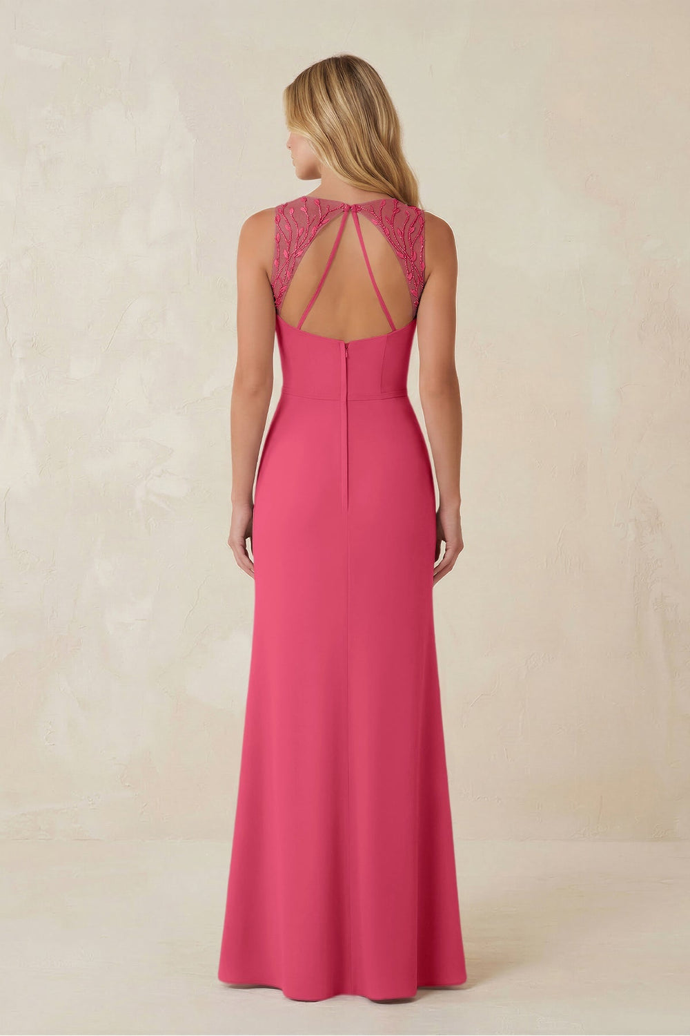 Round Neck Sheath Chiffon Appliqued Bridesmaid Dress in Fuchsia - KissProm Bridesmaid Dresses