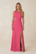 Round Neck Sheath Chiffon Appliqued Bridesmaid Dress in Fuchsia - KissProm Bridesmaid Dresses