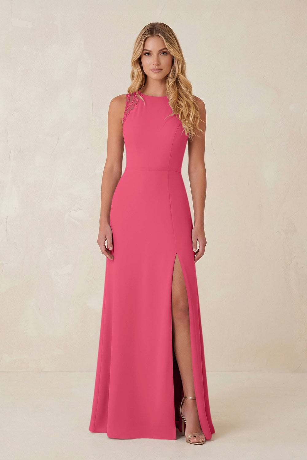 Round Neck Sheath Chiffon Appliqued Bridesmaid Dress in Fuchsia - KissProm Bridesmaid Dresses