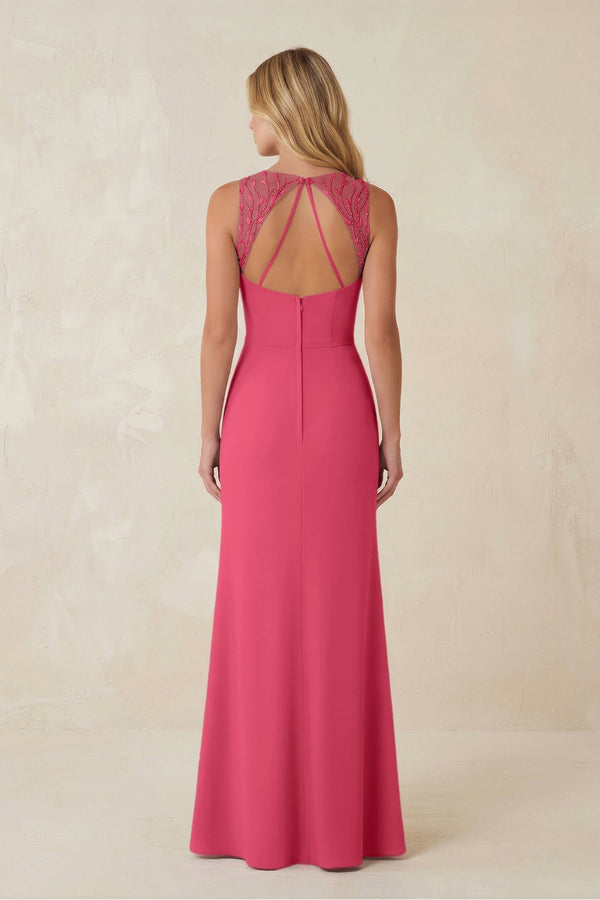 Round Neck Sheath Chiffon Appliqued Bridesmaid Dress in Fuchsia - KissProm Bridesmaid Dresses