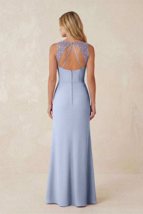 Round Neck Sheath Chiffon Appliqued Bridesmaid Dress in Ice - KissProm Bridesmaid Dresses